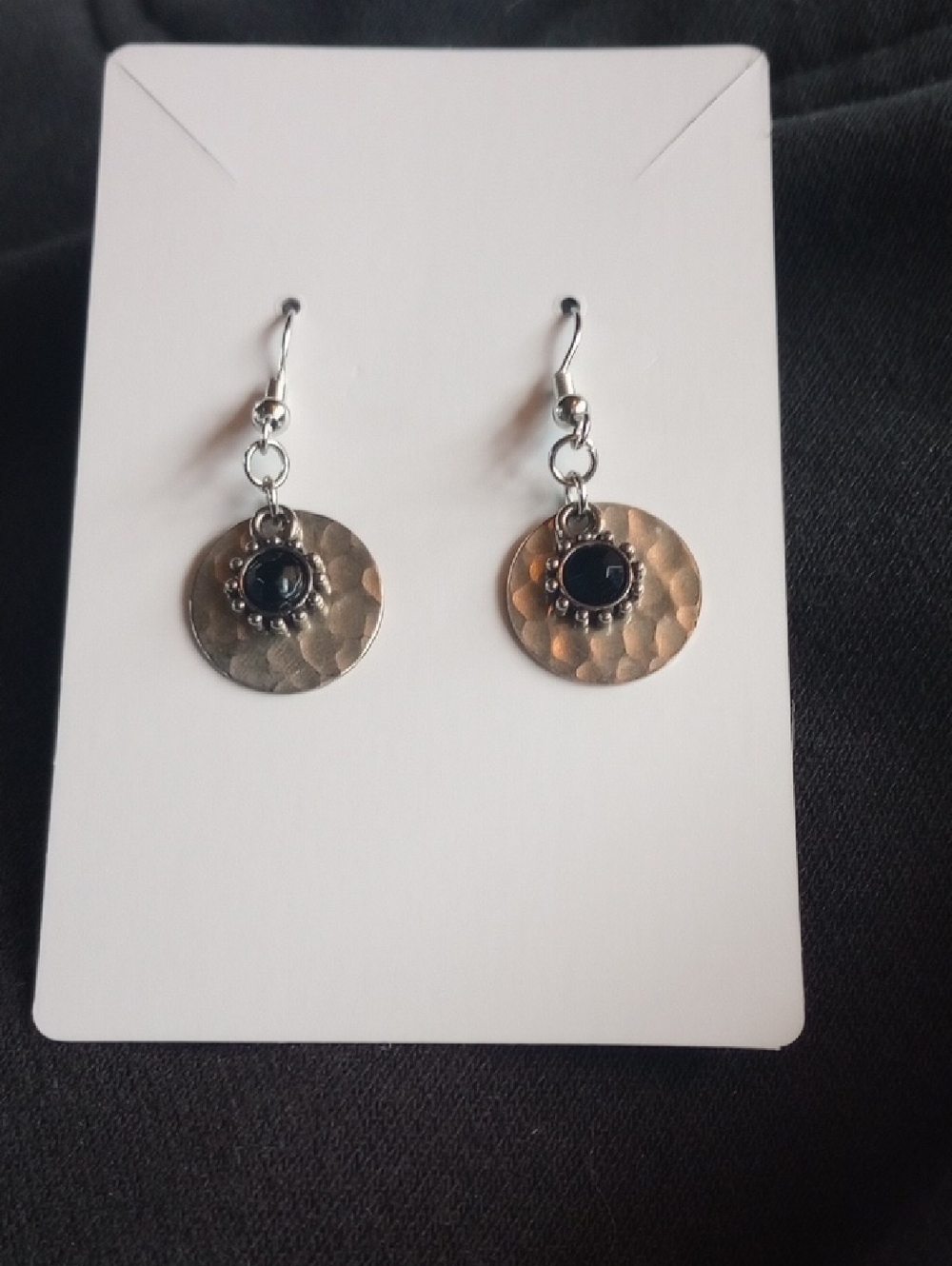Hand Crafted Silver-Tone Hammered Disc Earrings with Black Accent